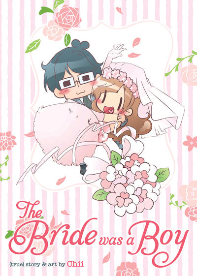 Chii in her wedding dress being carried by her glasses wearing husband both in adorable chibi form